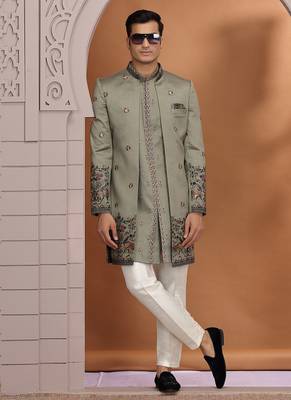 art silk olive green wedding wear embroidery work readymade indo western 2