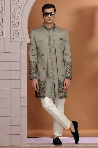 art silk olive green wedding wear embroidery work readymade indo western