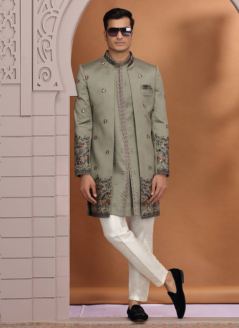 art silk olive green wedding wear embroidery work readymade indo western