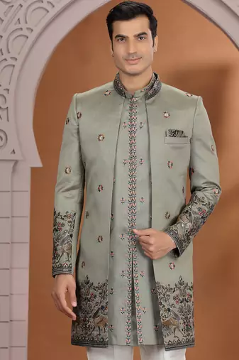 art silk olive green wedding wear embroidery work readymade indo western
