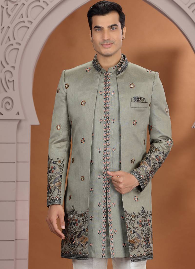 art silk olive green wedding wear embroidery work readymade indo western