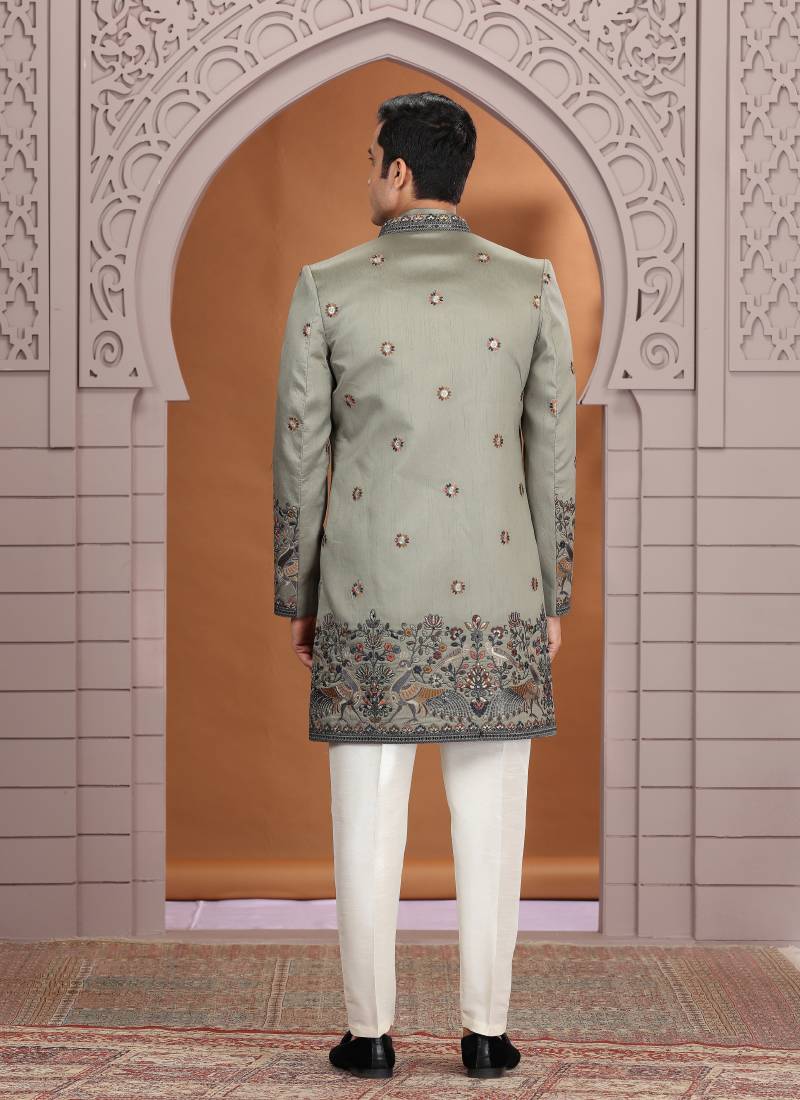 art silk olive green wedding wear embroidery work readymade indo western