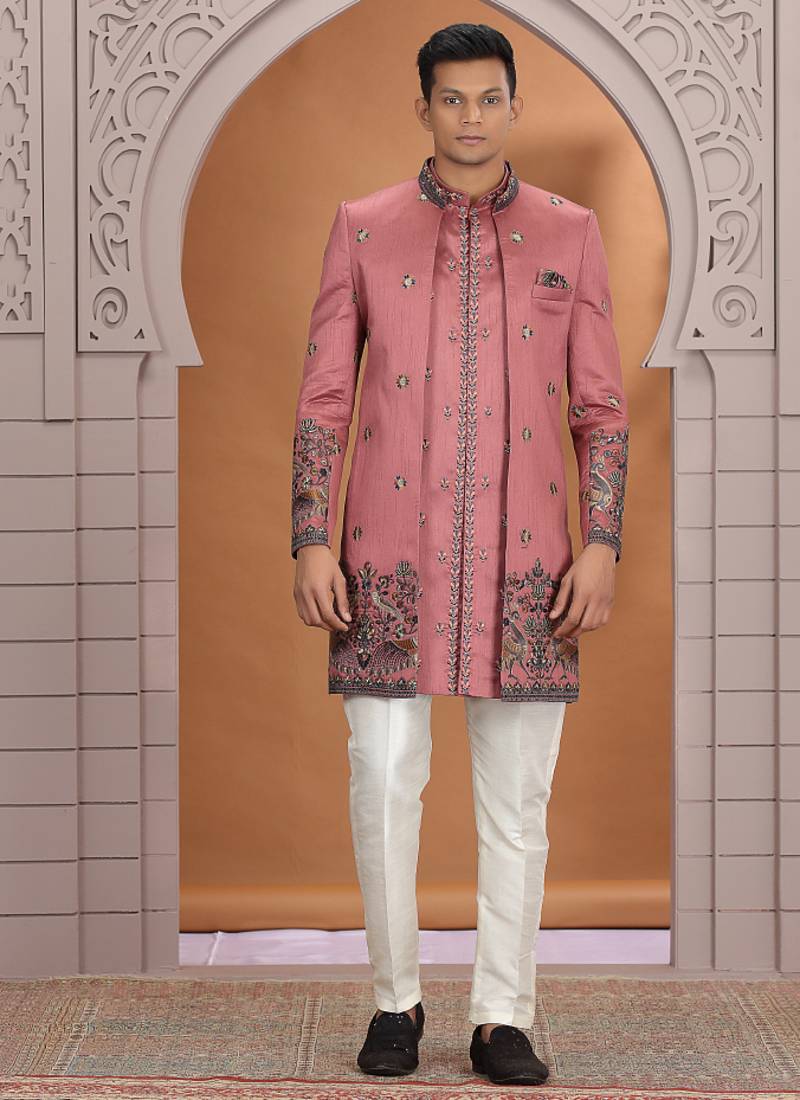 art silk pink wedding wear embroidery work readymade indo western