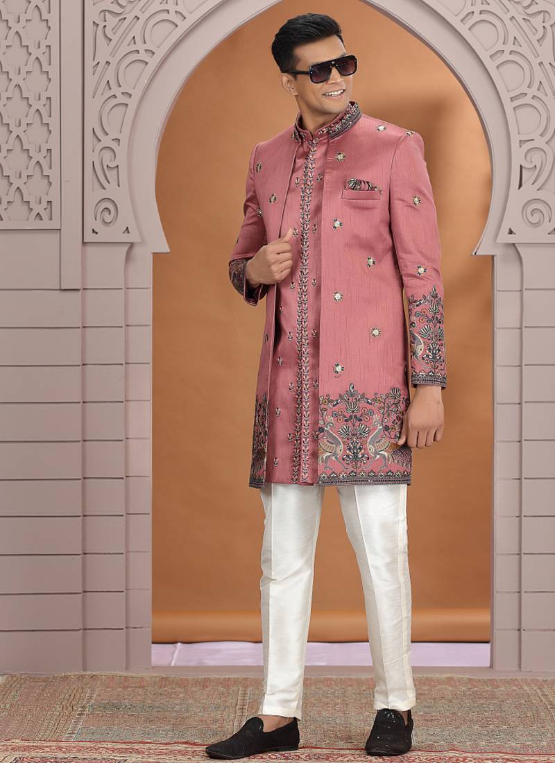 art silk pink wedding wear embroidery work readymade indo western