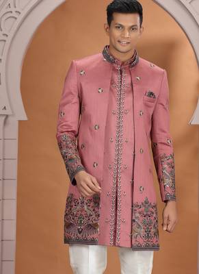 art silk pink wedding wear embroidery work readymade indo western 3