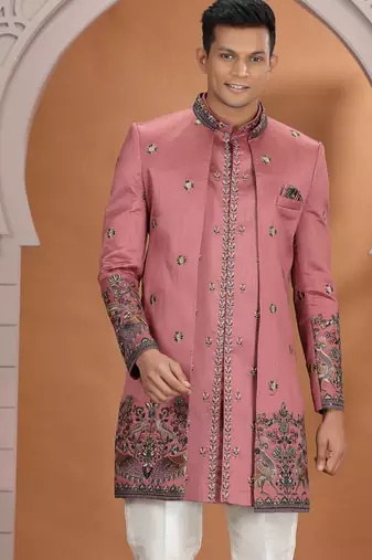 art silk pink wedding wear embroidery work readymade indo western