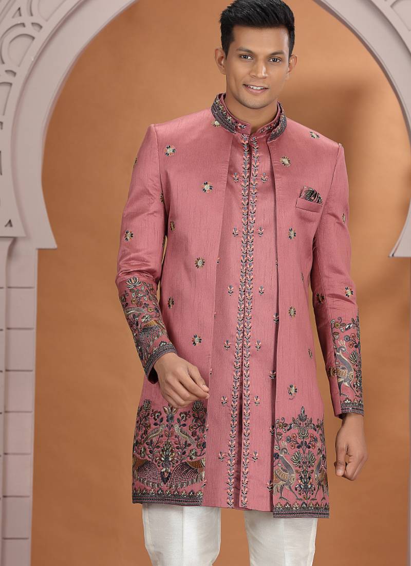 art silk pink wedding wear embroidery work readymade indo western