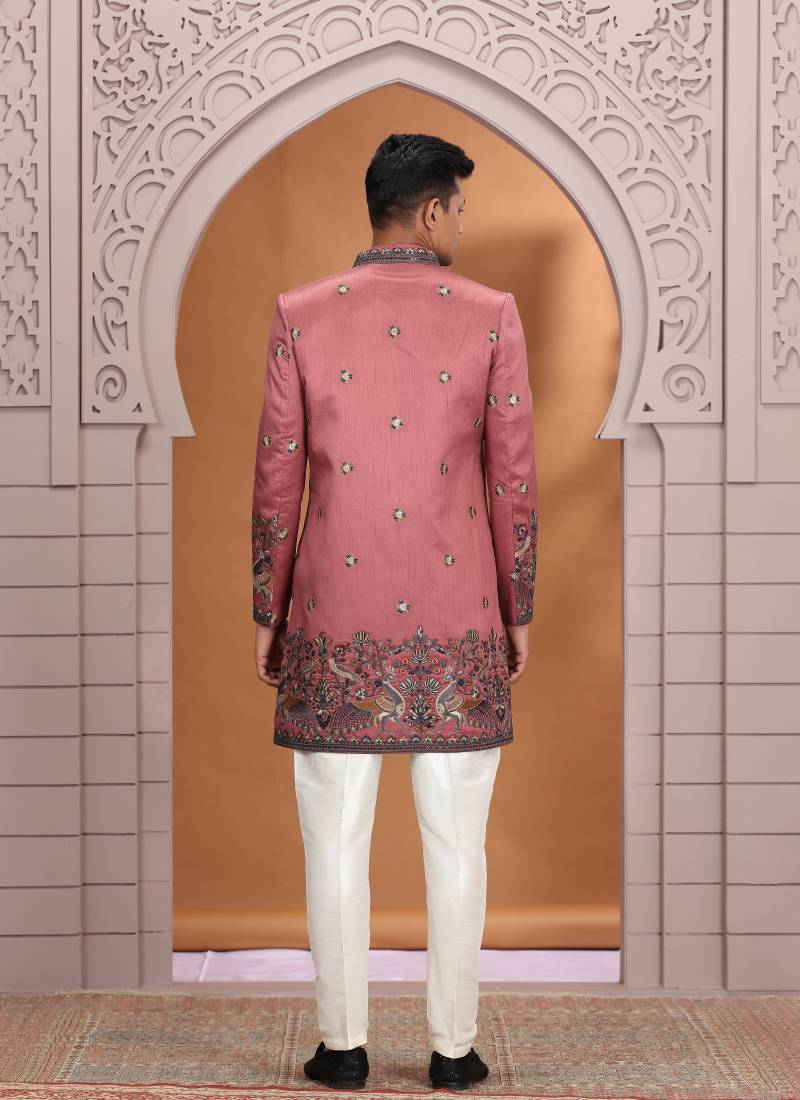 art silk pink wedding wear embroidery work readymade indo western