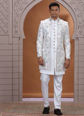 art silk white wedding wear embroidery work readymade indo western 1
