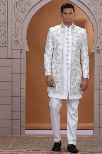 art silk white wedding wear embroidery work readymade indo western