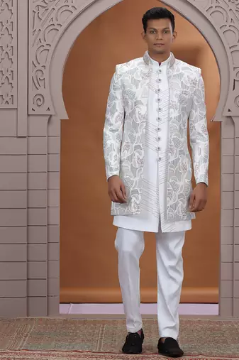 art silk white wedding wear embroidery work readymade indo western