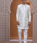 art silk white wedding wear embroidery work readymade indo western