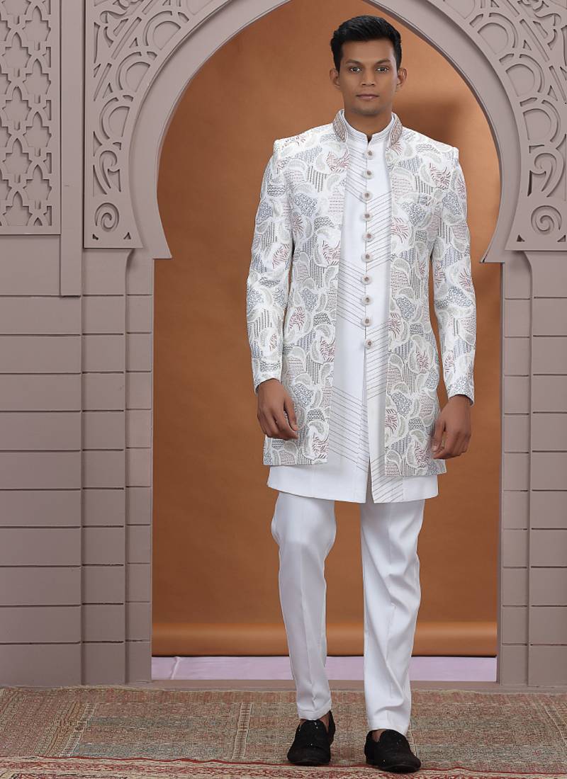 art silk white wedding wear embroidery work readymade indo western