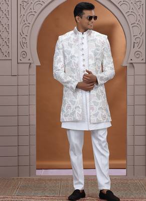art silk white wedding wear embroidery work readymade indo western 2