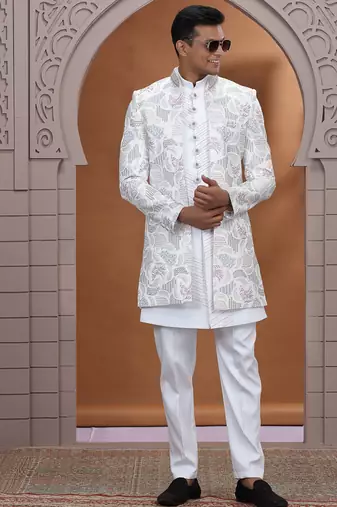 art silk white wedding wear embroidery work readymade indo western