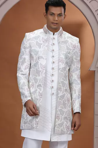 art silk white wedding wear embroidery work readymade indo western