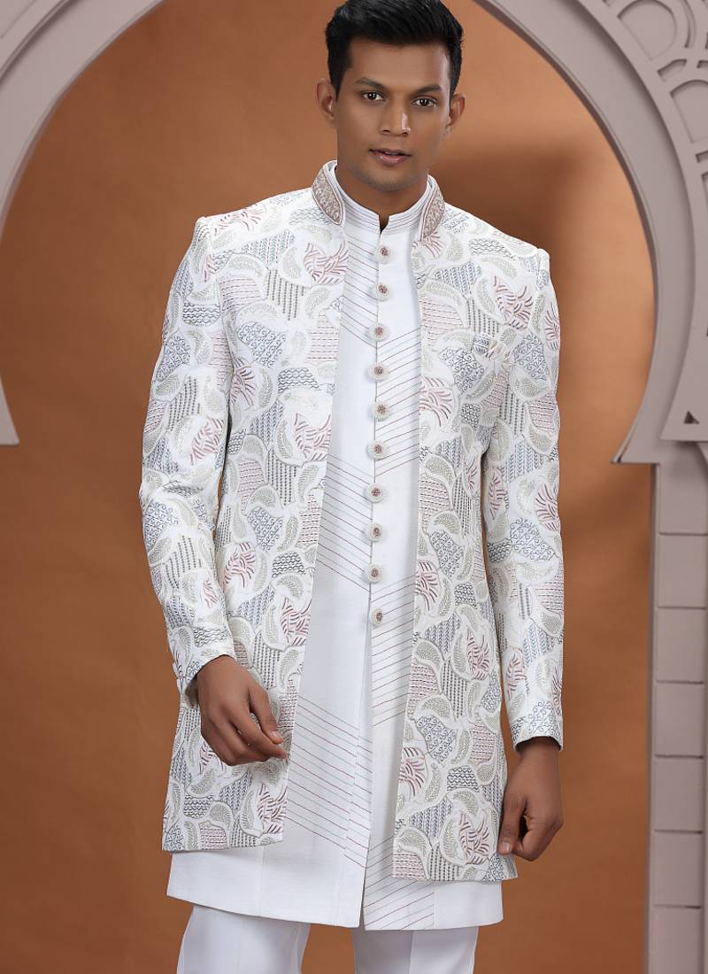 art silk white wedding wear embroidery work readymade indo western