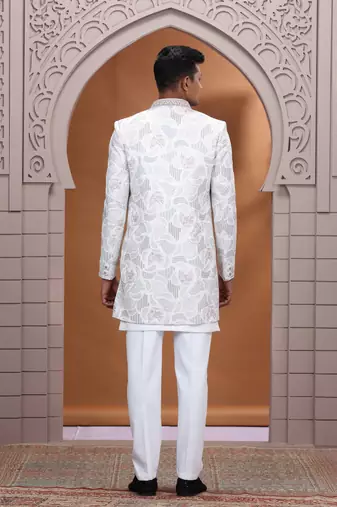 art silk white wedding wear embroidery work readymade indo western