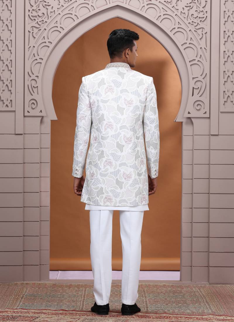 art silk white wedding wear embroidery work readymade indo western