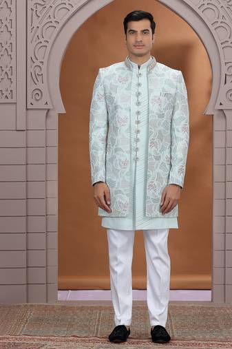 art silk light green wedding wear embroidery work readymade indo western