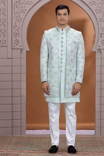 art silk light green wedding wear embroidery work readymade indo western