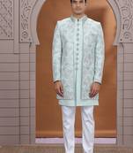 art silk light green wedding wear embroidery work readymade indo western