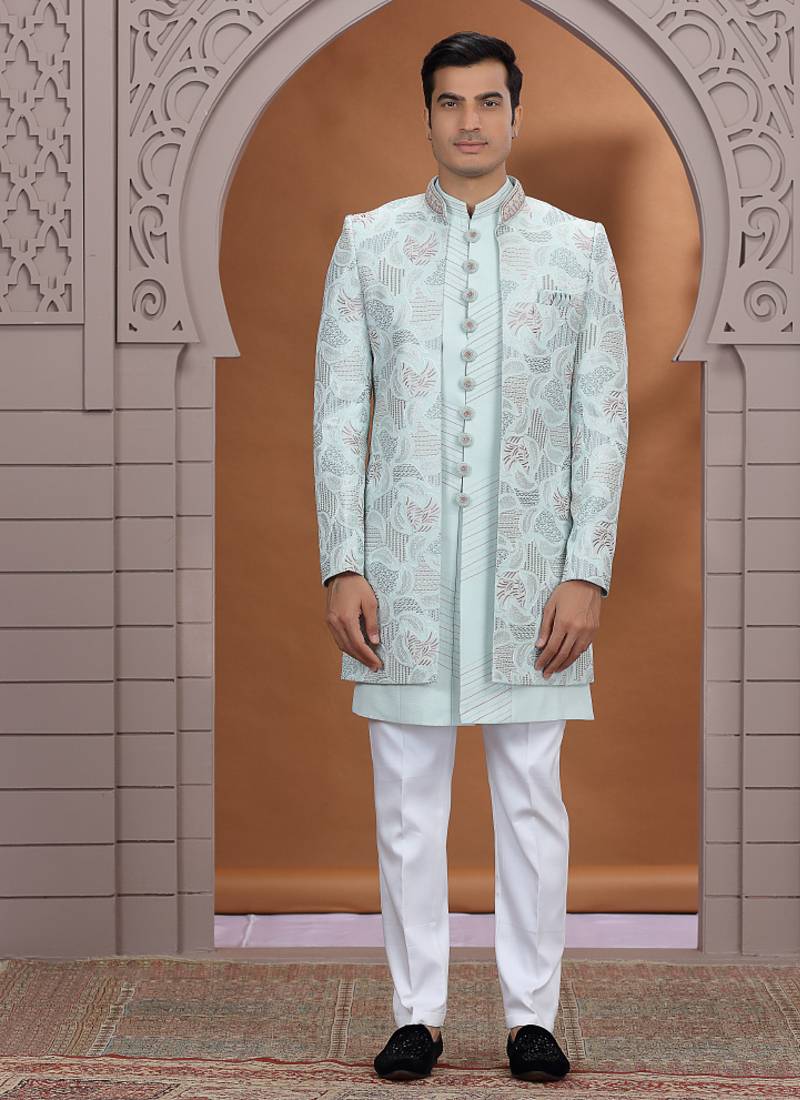 art silk light green wedding wear embroidery work readymade indo western