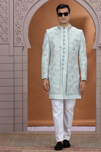 art silk light green wedding wear embroidery work readymade indo western