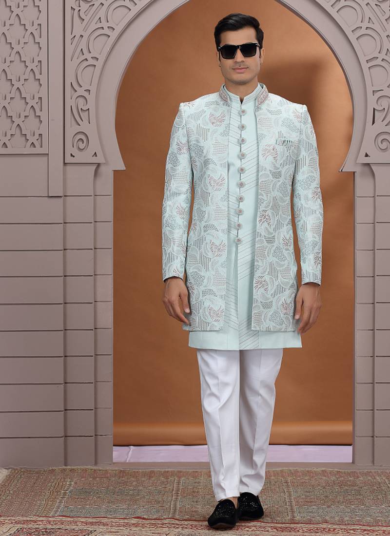 art silk light green wedding wear embroidery work readymade indo western