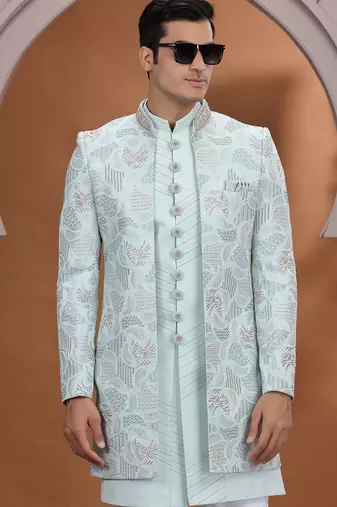 art silk light green wedding wear embroidery work readymade indo western