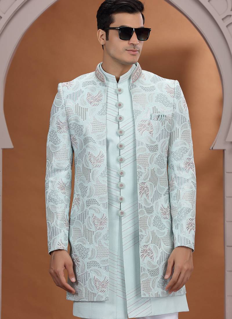 art silk light green wedding wear embroidery work readymade indo western