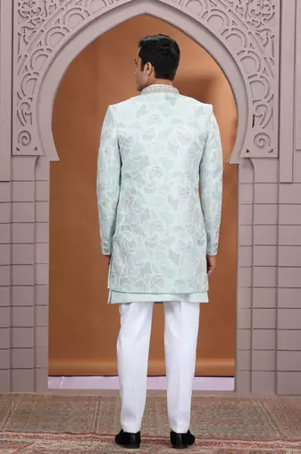 art silk light green wedding wear embroidery work readymade indo western