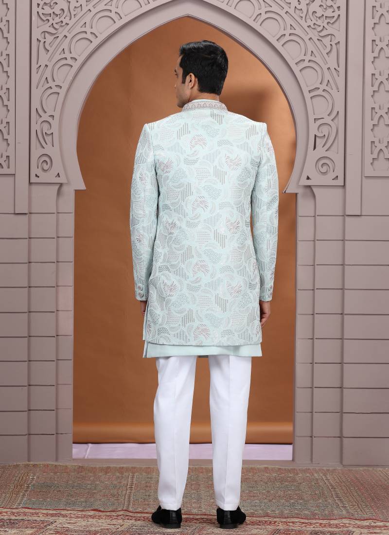 art silk light green wedding wear embroidery work readymade indo western