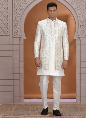 art silk off white wedding wear pattern pc work readymade indo western 1