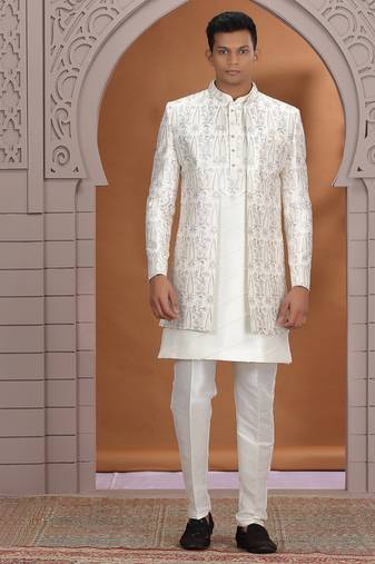 art silk off white wedding wear pattern pc work readymade indo western