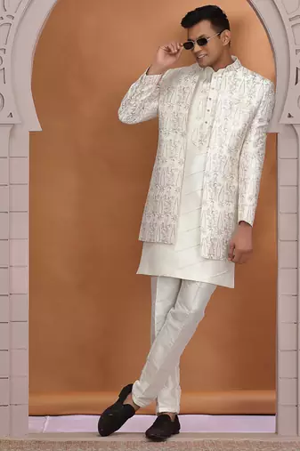 art silk off white wedding wear pattern pc work readymade indo western