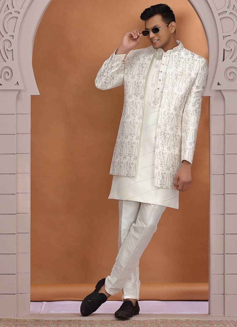 art silk off white wedding wear pattern pc work readymade indo western