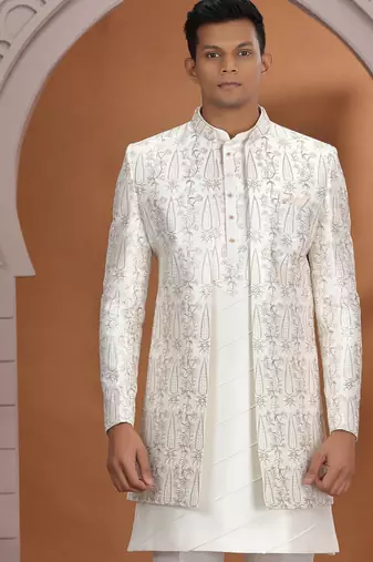 art silk off white wedding wear pattern pc work readymade indo western