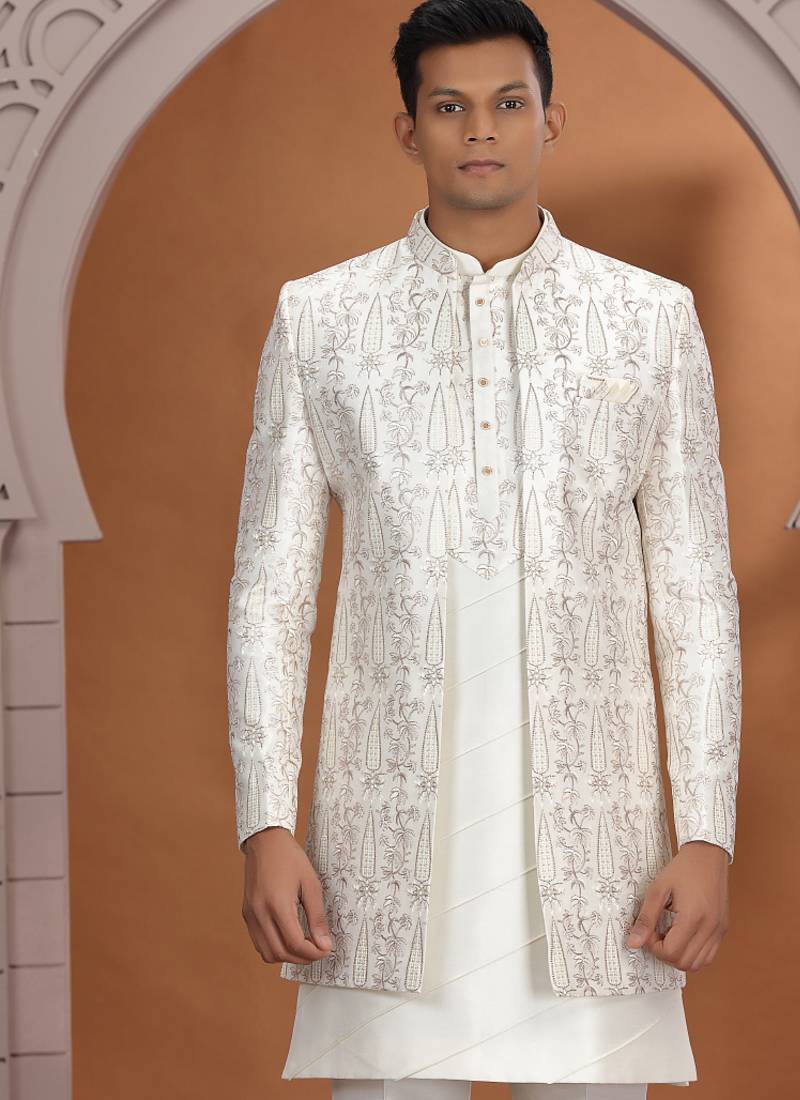 art silk off white wedding wear pattern pc work readymade indo western