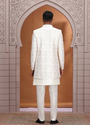 art silk off white wedding wear pattern pc work readymade indo western 4