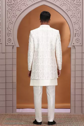 art silk off white wedding wear pattern pc work readymade indo western