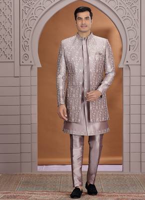 art silk dusty pink wedding wear pattern pc work readymade indo western 1