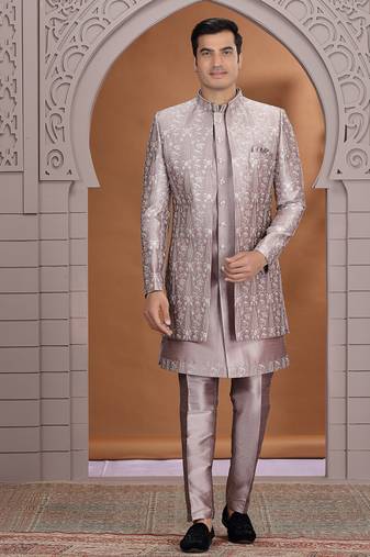 art silk dusty pink wedding wear pattern pc work readymade indo western