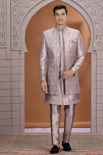 art silk dusty pink wedding wear pattern pc work readymade indo western