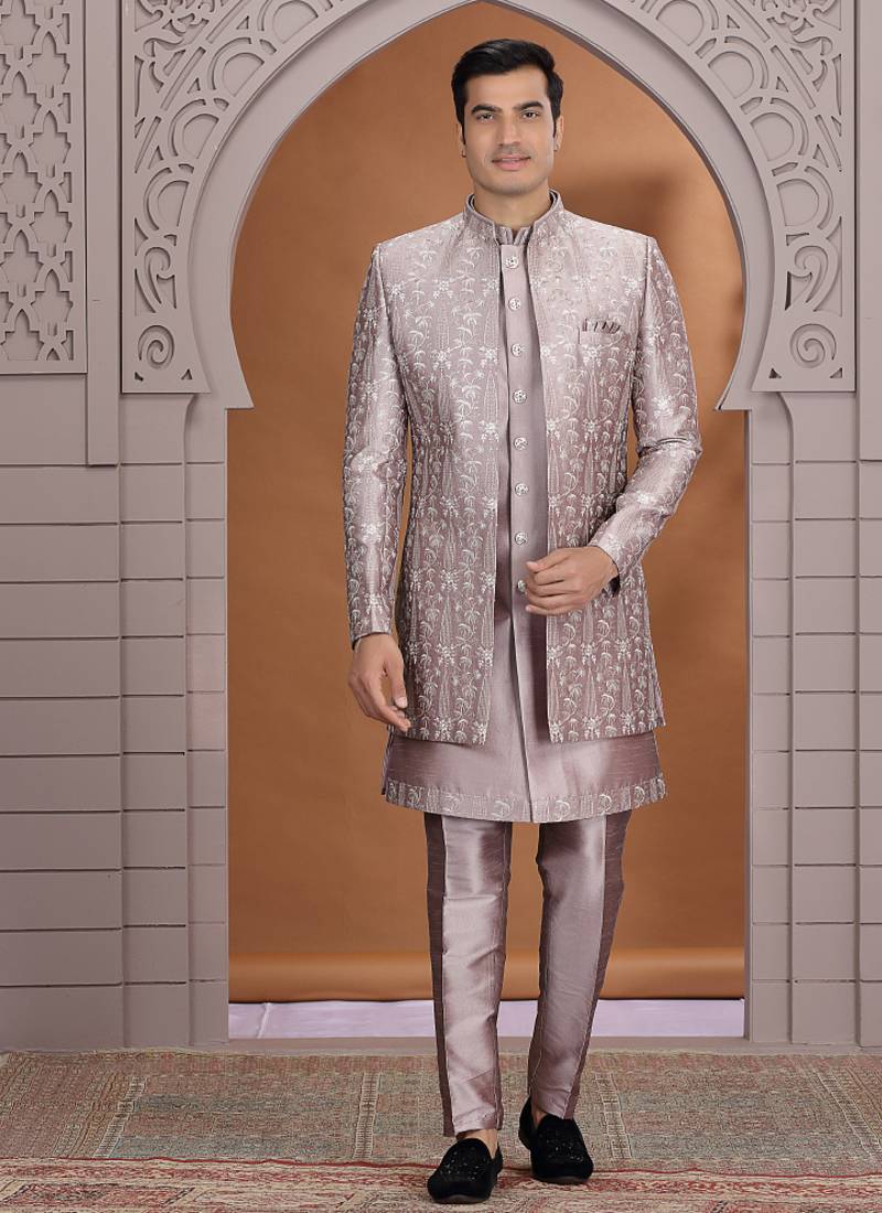 art silk dusty pink wedding wear pattern pc work readymade indo western