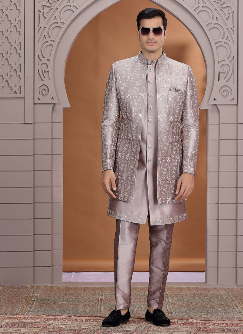 art silk dusty pink wedding wear pattern pc work readymade indo western