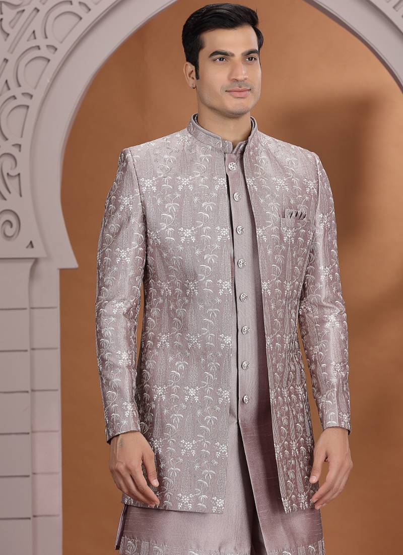 art silk dusty pink wedding wear pattern pc work readymade indo western