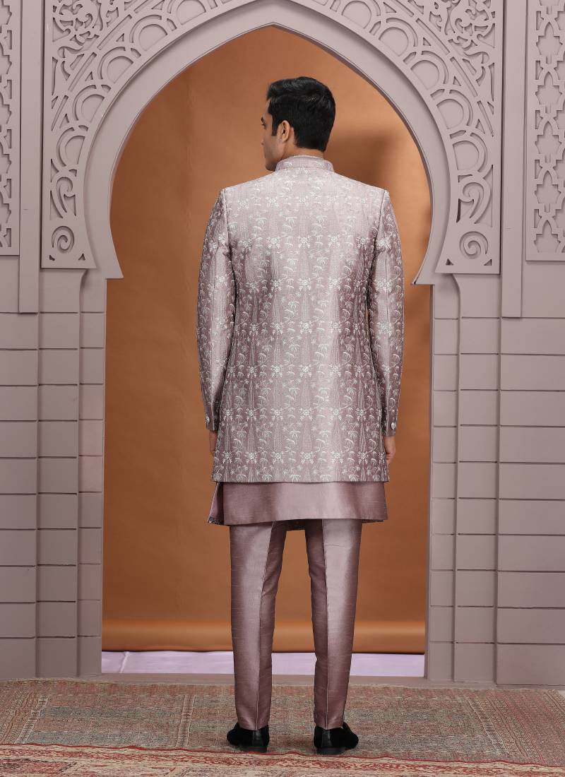 art silk dusty pink wedding wear pattern pc work readymade indo western