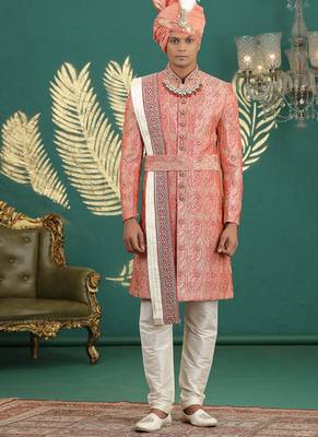 banarasi jacquard peach wedding wear hand embroidery readymade groom 1