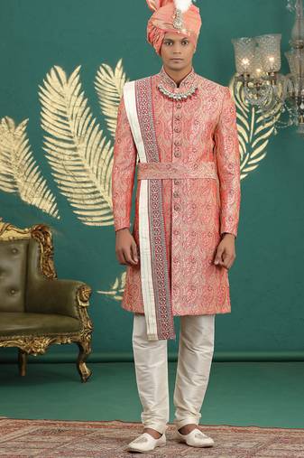 banarasi jacquard peach wedding wear hand embroidery readymade groom